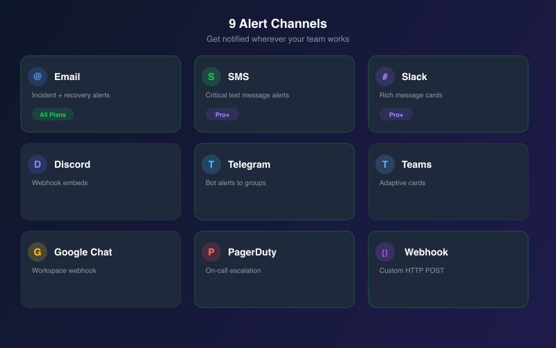 9 alert channels: Email, SMS, Slack, Discord, Telegram, Teams, Google Chat, PagerDuty, Webhook